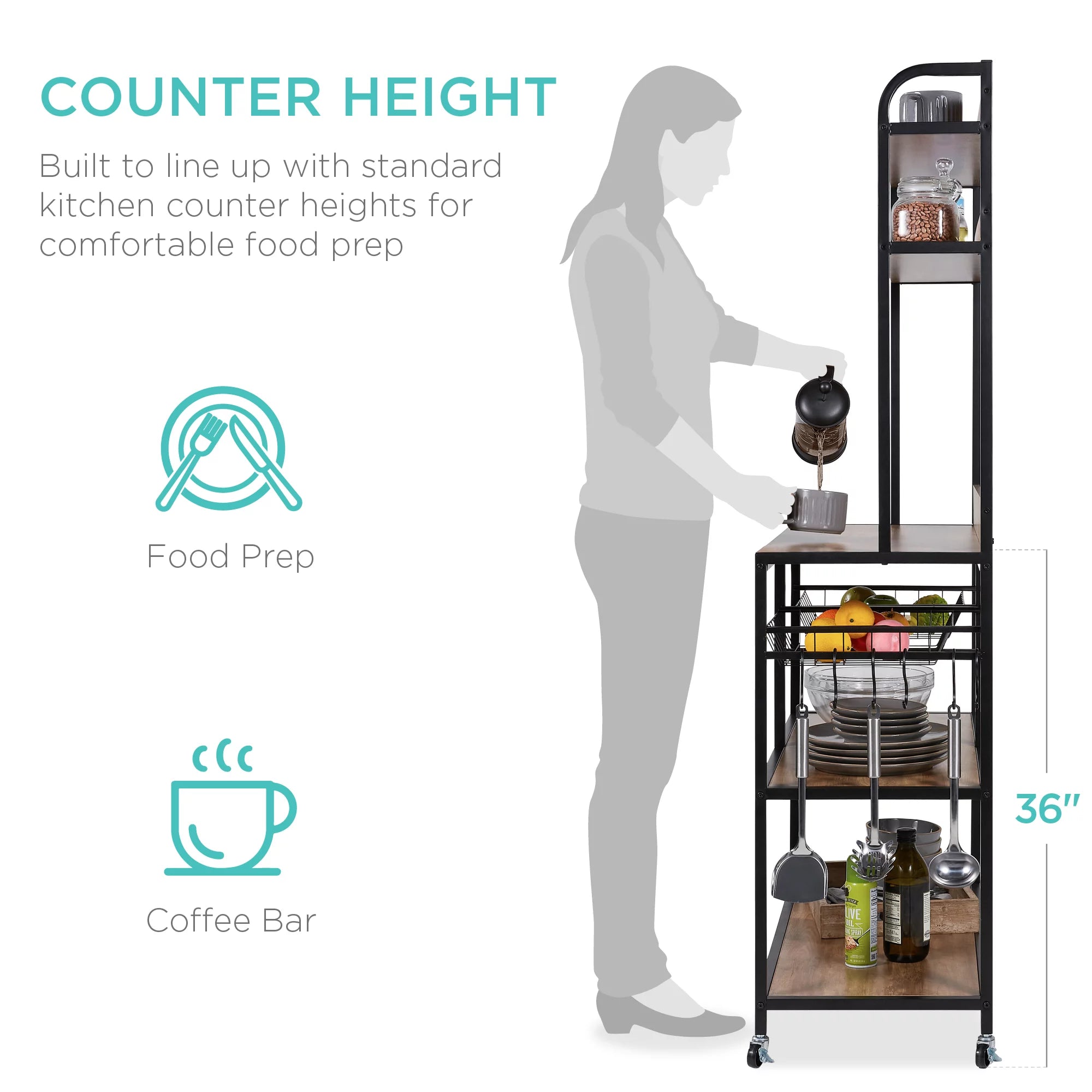 Brown Black Counter-Height Baker's Rack with Locking Wheels R31618