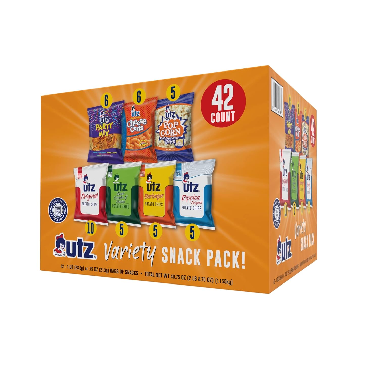 Snack Variety Pack, Potato Chips, Cheese Curls, Popcorn, Party Mix (Pack of 42) P86538