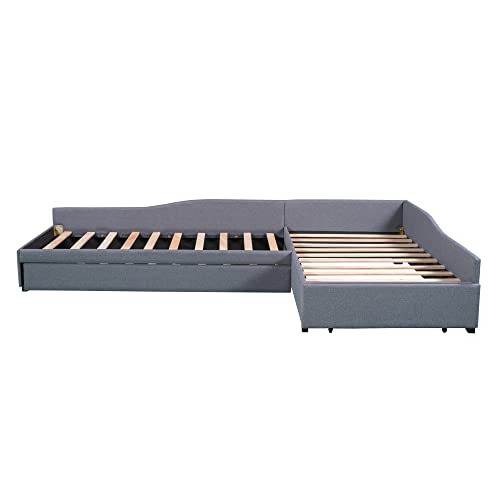 Gray Upholstered Double Twin Size Daybed with Trundle and Drawer A6559