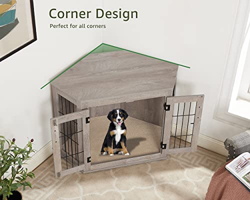 Large Weathered Gray Wooden Dog Crate Corner with Cushion V63829