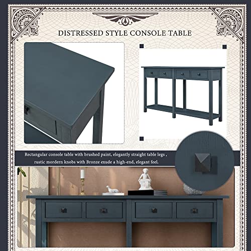 Antique Navy Rustic Wood Console Table with 4 Drawers and Bottom Shelf C577