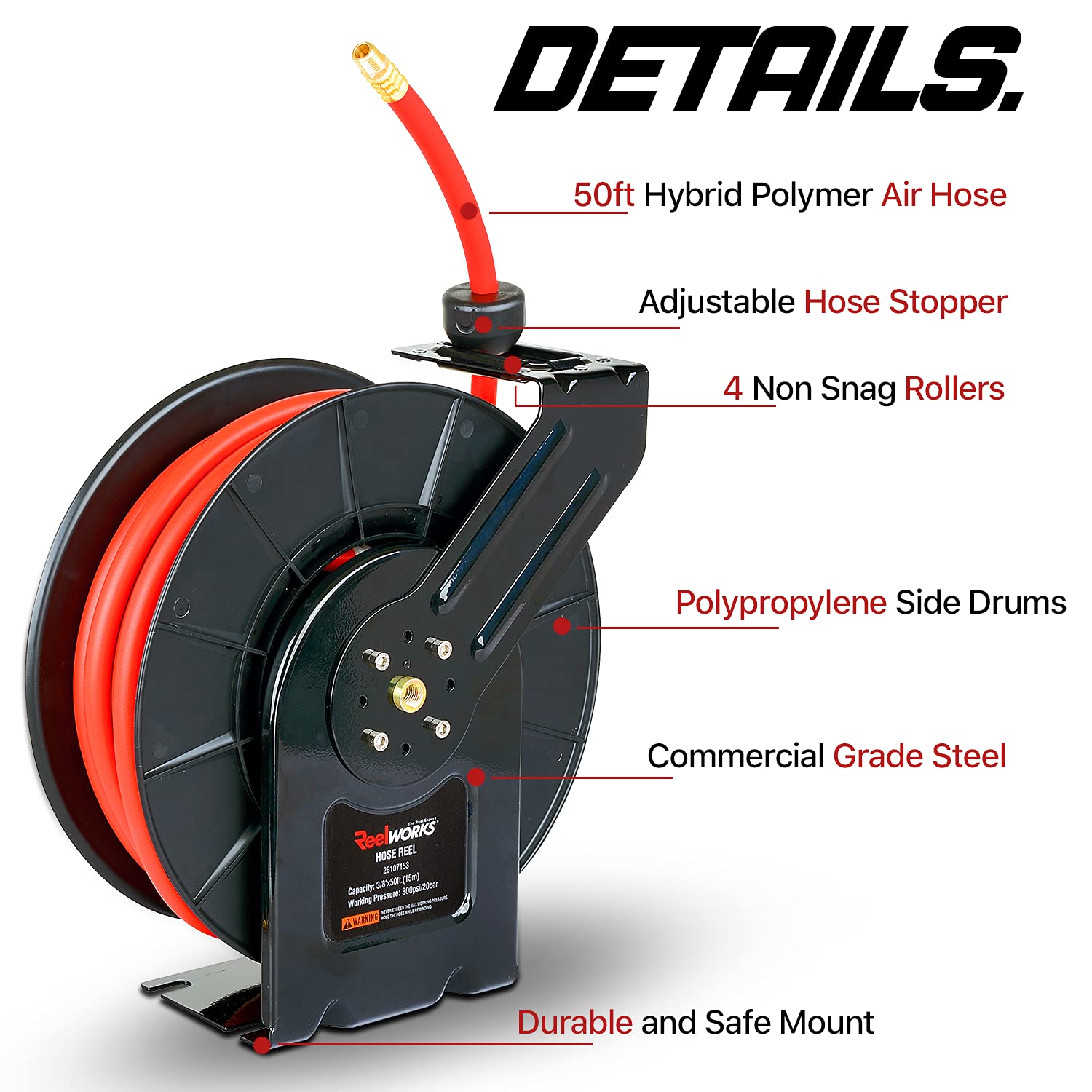 3/8" x 50' Retractable Hybrid Polymer Air Hose Reel D8425