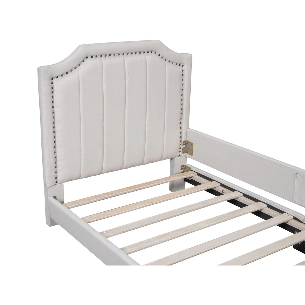 Twin Upholstered Platform Bed with Nailhead Trim and Guardrail D752