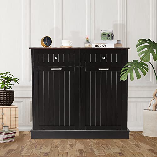 White Wooden Tilt Out Trash Cabinet with Hideaway Drawer and Bamboo Cutting Board I6674