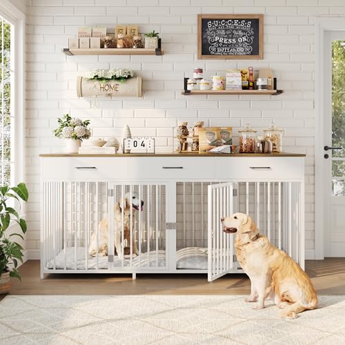 White 71" Wide Double Dog Crate with 3 Drawers C6134