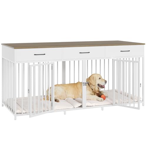White 71" Wide Double Dog Crate with 3 Drawers C6134
