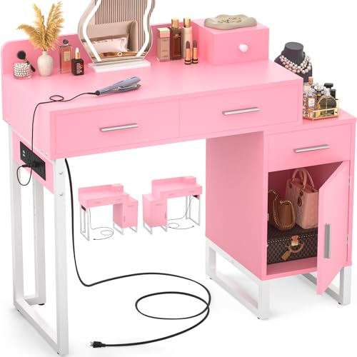 Black Vanity Desk with 4 Storage Drawers and Charging Station H59812