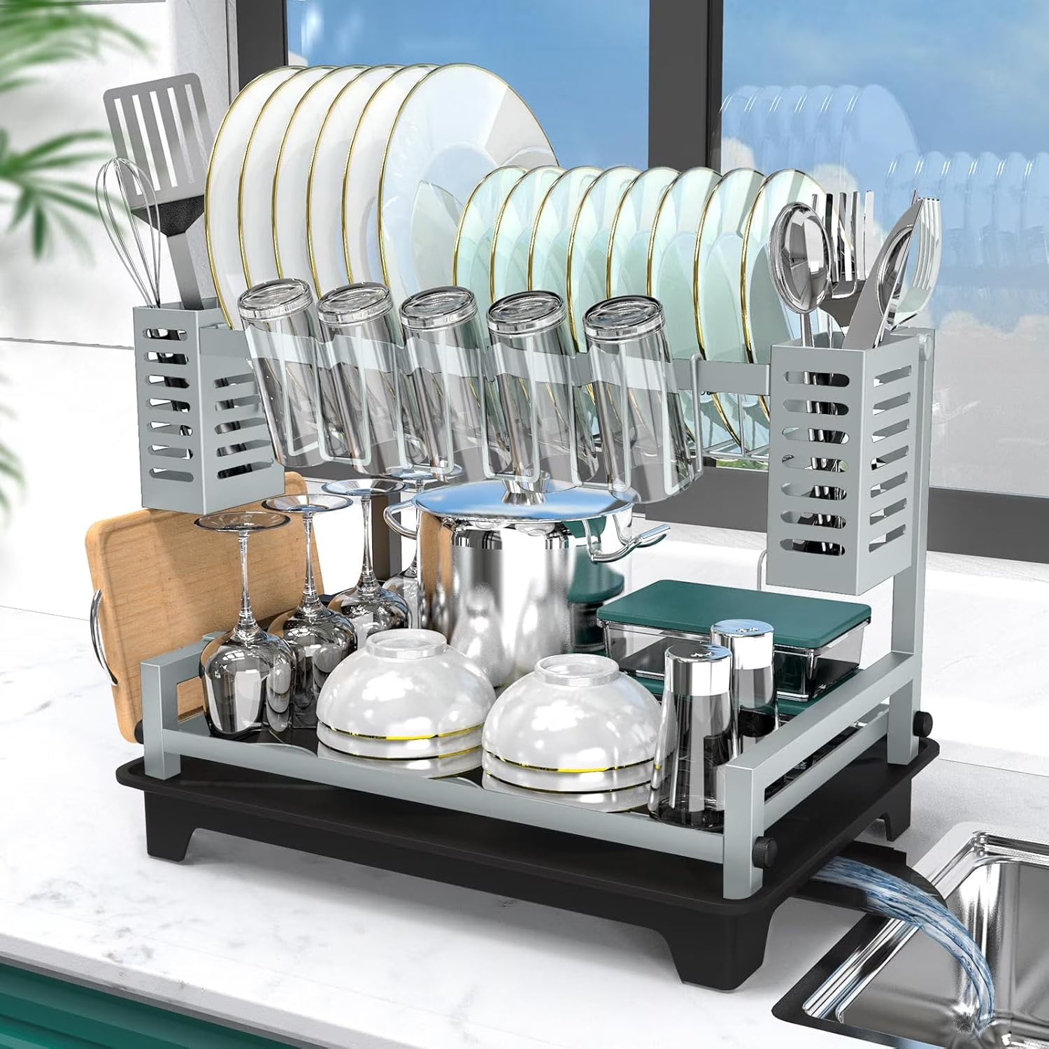 2 Tier Stainless Steel Dish Drying Rack with Drainboard S792201