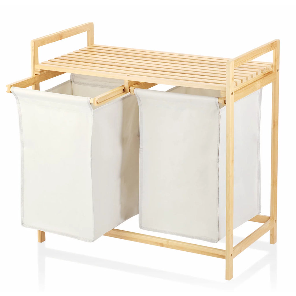 Freestanding Bamboo Laundry Basket with Shelf and Removable Bags U937993