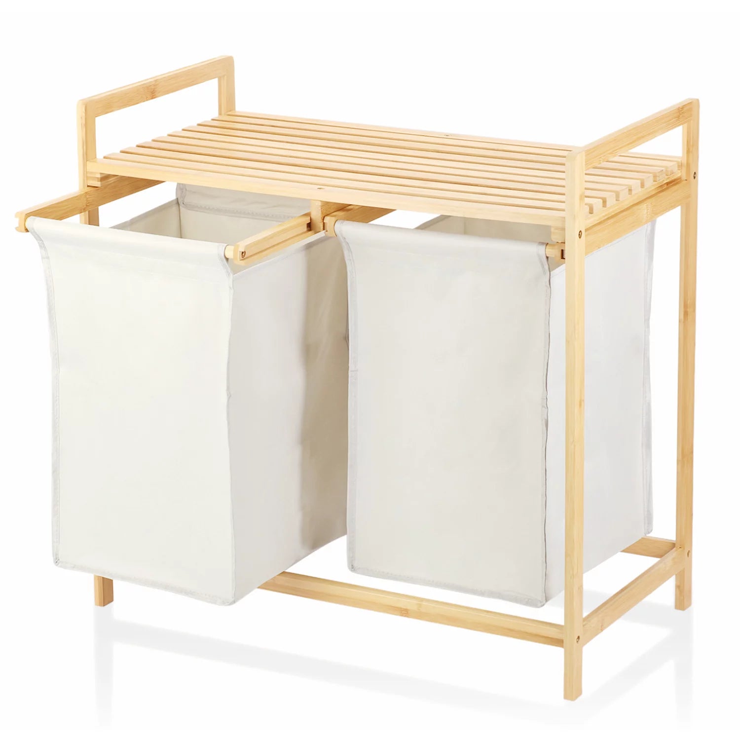 Freestanding Bamboo Laundry Basket with Shelf and Removable Bags U937993