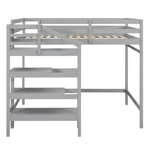 Full Size Gray Wooden Loft Bed with Staircase and Storage Wardrobe H54327