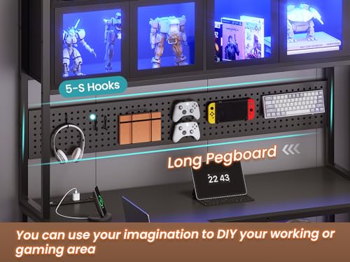 Rustic Brown L Shaped Gaming Desk with Drawers, Hutch, Storage Shelves, Pegboard, Led Lights, and Power Outlet Y873