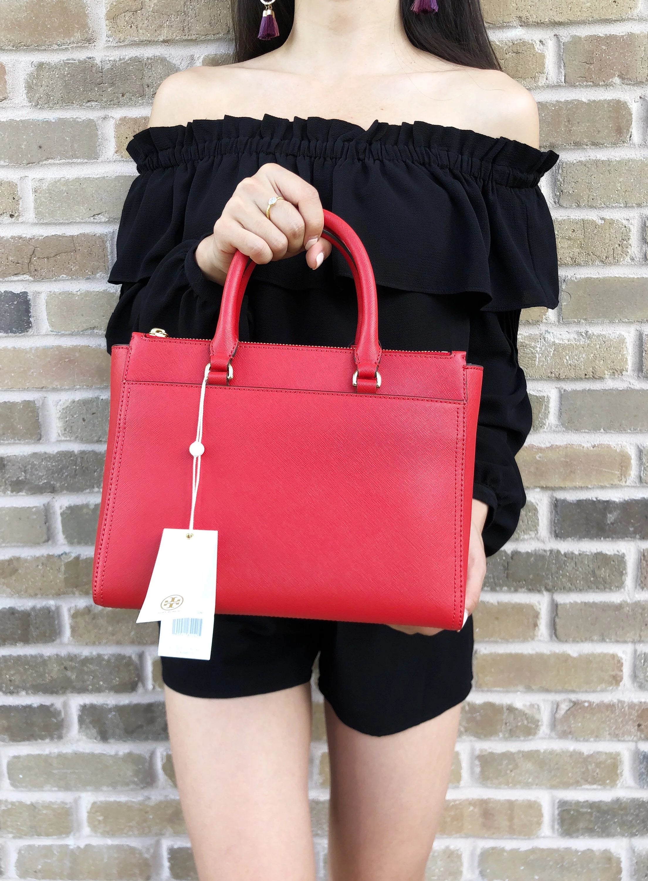 Small Double Zip Tote Satchel Crossbody Bag Poppy Orange Red K96922