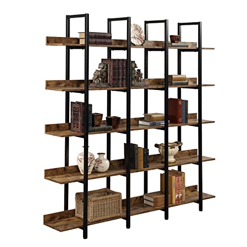 Black Triple Wide 5 Tiers Industrial Bookshelf with Metal Frame T233