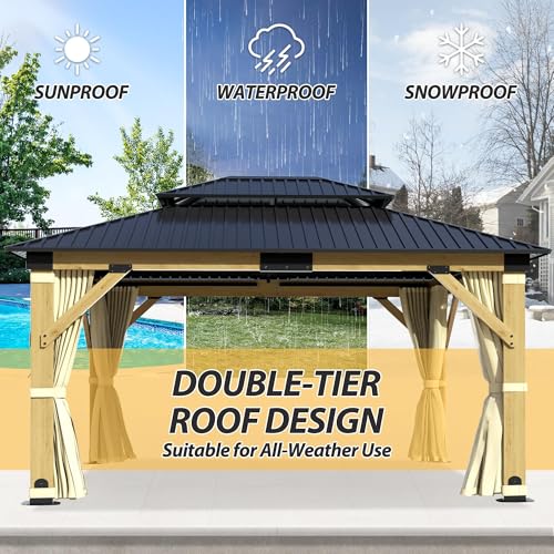 12'x12' Hardtop Double Roof Galvanized Steel Gazebo with Curtains & Netting R810800