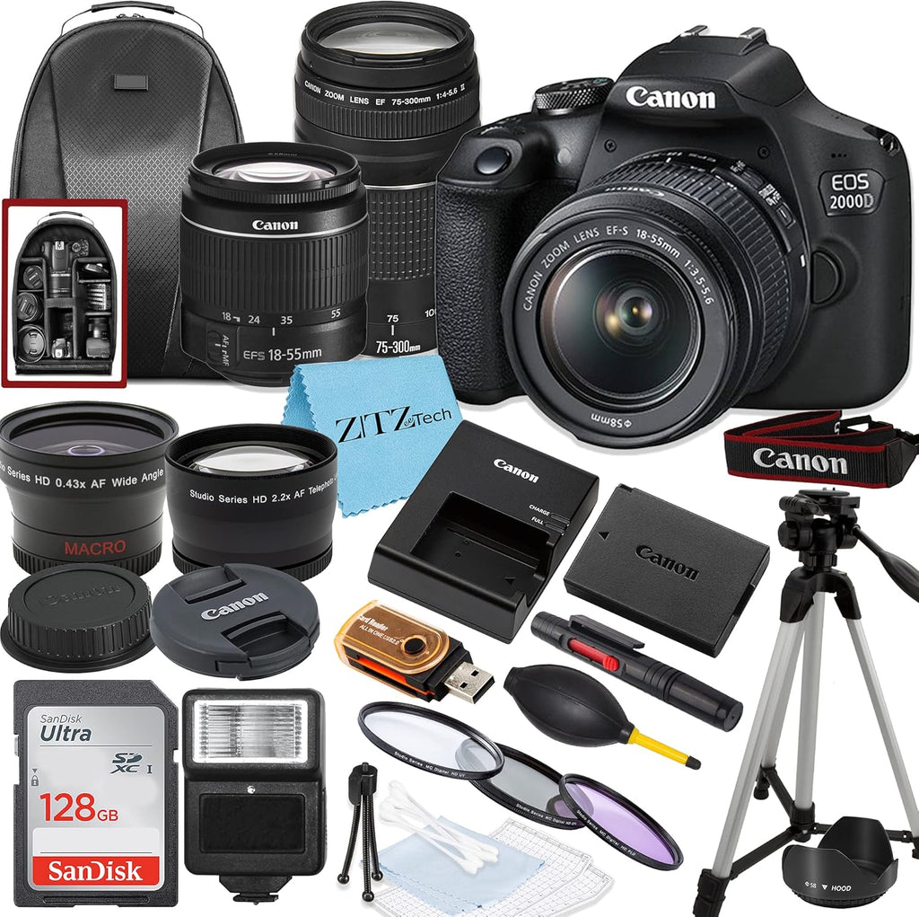 DSLR Camera with 18-55mm + 75-300mm Lenses, 128GB Memory Card, Tripod, Case, Wideangle Lenses (Renewed) C4557