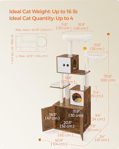 70.8-Inch Tall Cat Tree with Litter Box Enclosure, Scratching Posts, Perch, Caves, Basket, Washable Cushions Y15795