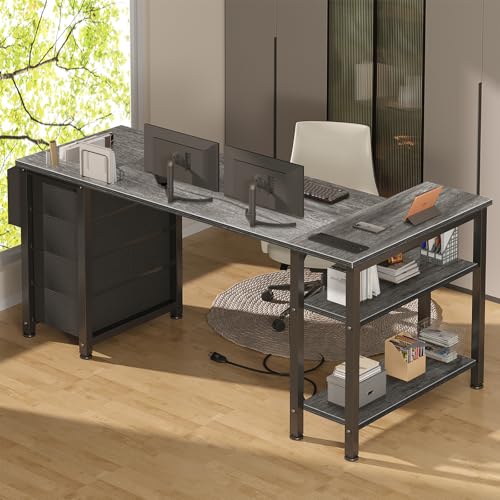 Black L Shaped Gaming Desk with Drawers & Storage Shelves, 47 Inch, Power Outlet L590214