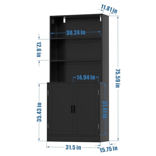 Black 5 Tier Tall Bookcase with Doors B4376