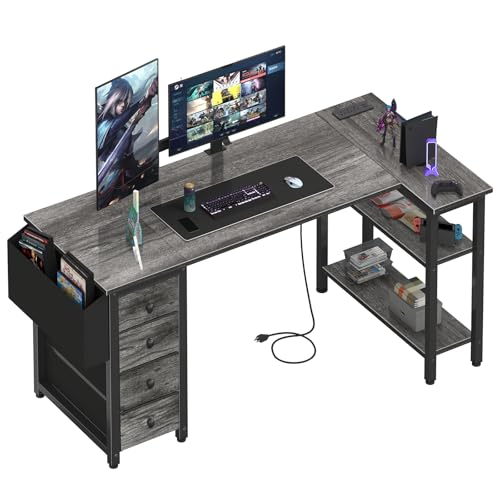 Black L Shaped Gaming Desk with Drawers & Storage Shelves, 47 Inch, Power Outlet L590214