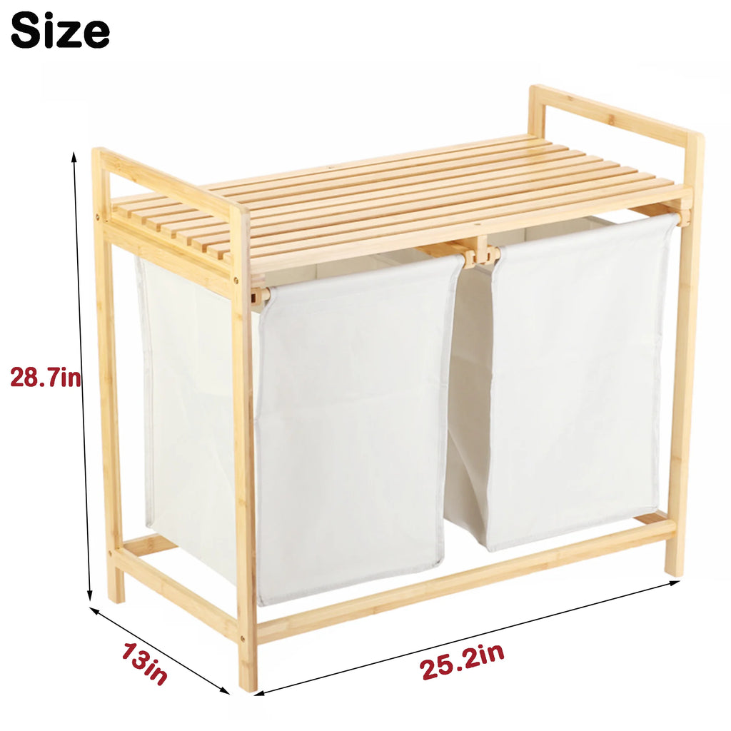 Freestanding Bamboo Laundry Basket with Shelf and Removable Bags U937993