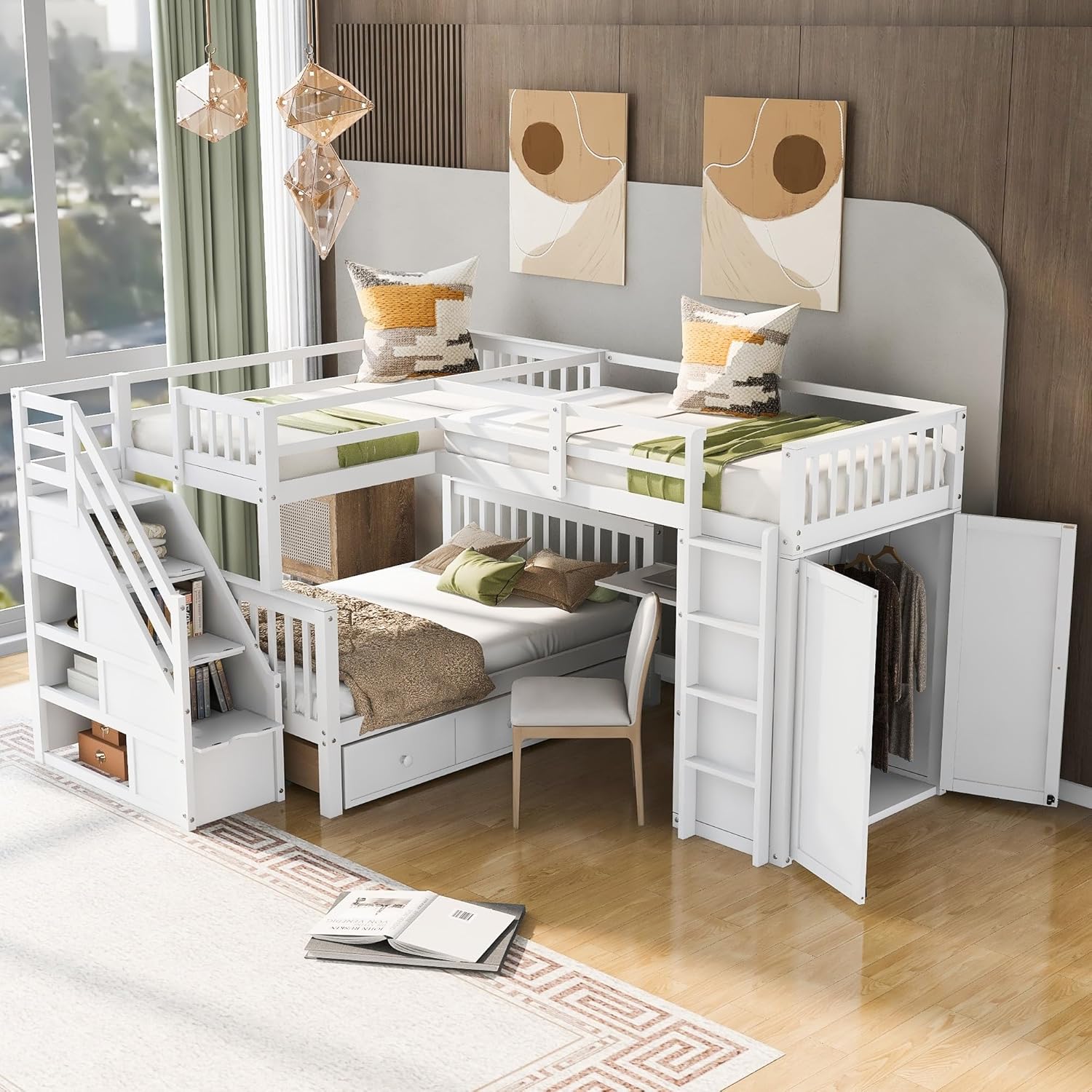 White Solid Wood L-Shaped Bunk Bed with 3 Drawers Wardrobe and Desk S86846