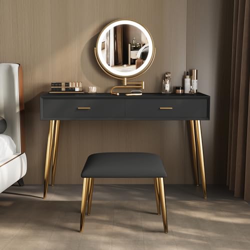 Black 31.5in Vanity Desk Set with 360° Rotating Mirror and Lights, 2 Drawers, Stool M352738