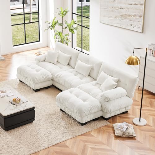 White Oversized Chenille Modular Sectional Sofa with 2 Ottomans E767