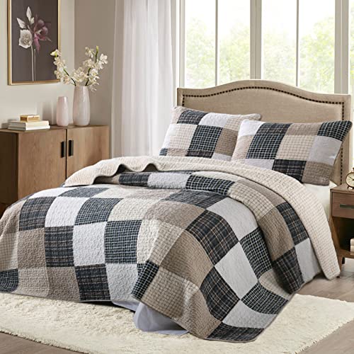 100% Cotton Grey Patchwork Plaid Queen Size 3 Pieces Quilt Bedding Set J3203