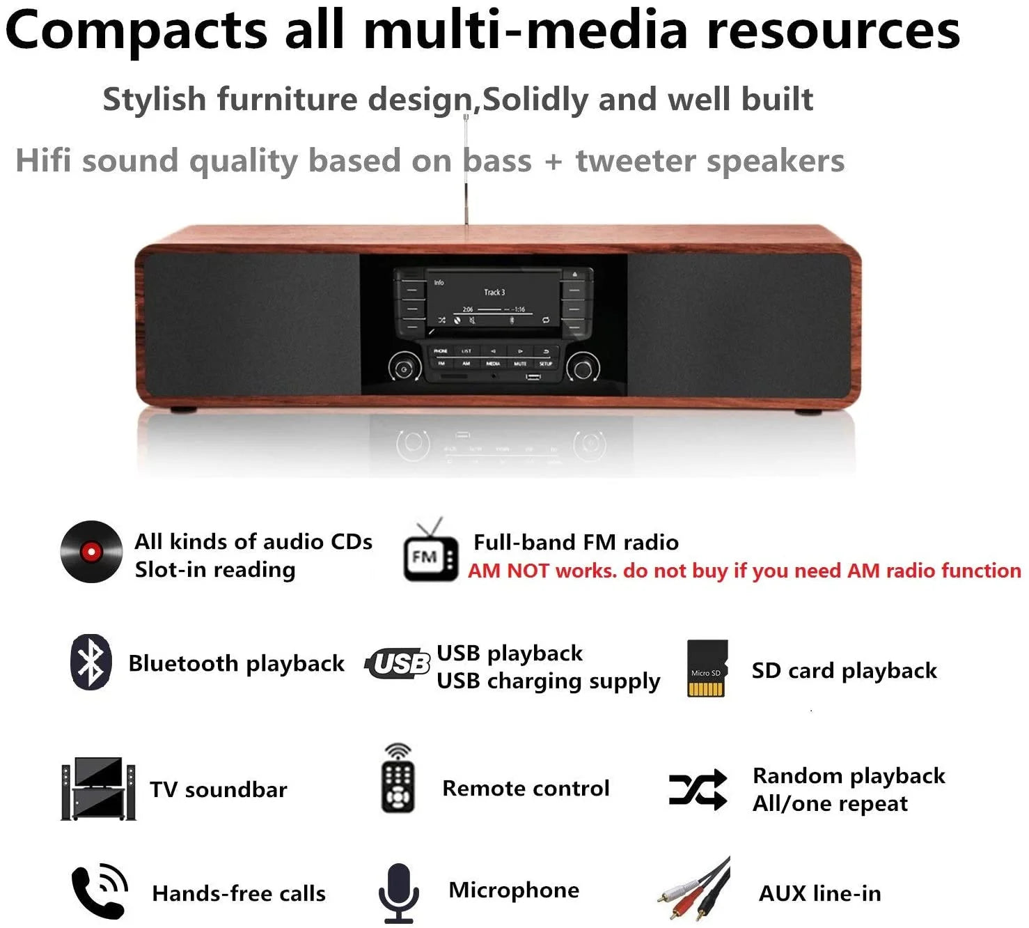 CD Player with Bluetooth Stereo System Wooden Desktop Speakers FM USB V606