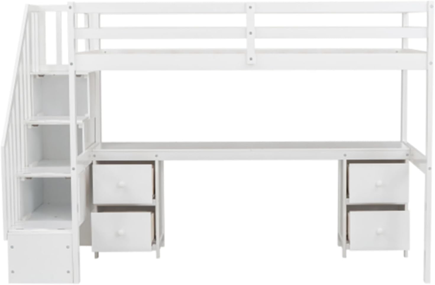 White double loft bunk bed frame with built-in desk and storage drawers A9652