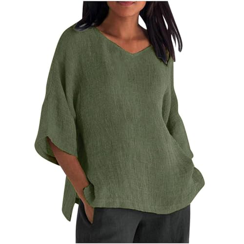 3/4 Length Sleeve Cotton Linen Tunic Blouses Z216