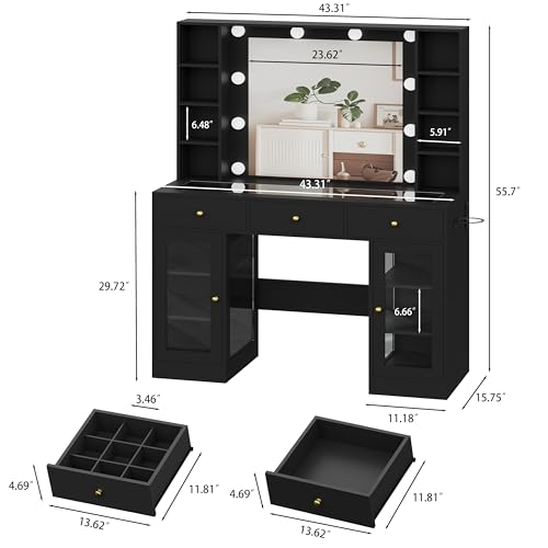 White Glass Top Vanity Desk with Mirror and Lights and 3 Drawers Q344870
