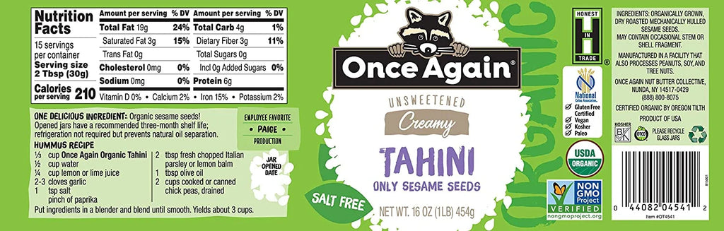 Organic Unsweetened Tahini Creamy Sesame Seed 16 oz R928934