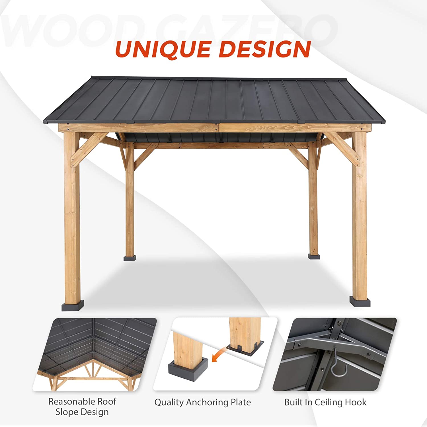 13'x 11' Solid Wood Patio Gazebo with Black Steel Gable Hardtop Roof P4664