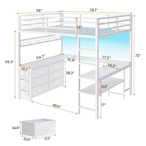 Full Size Loft Bed with U-Shaped Desk, 6 Storage Drawers, LED, Rustic Brown V8268