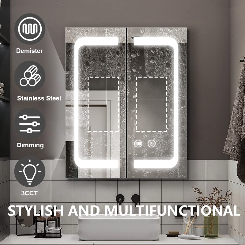 24 Inch X 28 Inch Stainless Steel Wall Mounted Medicine Cabinet with Double Touch Switches N8195