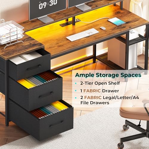 Rustic Brown Office Desk with Drawers and LED Lights L541
