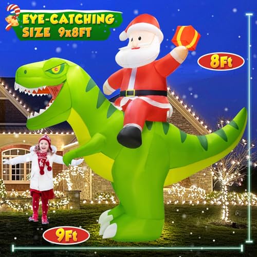 9x8FT Christmas Inflatables Santa Riding Dinosaur with LED Lights C523025