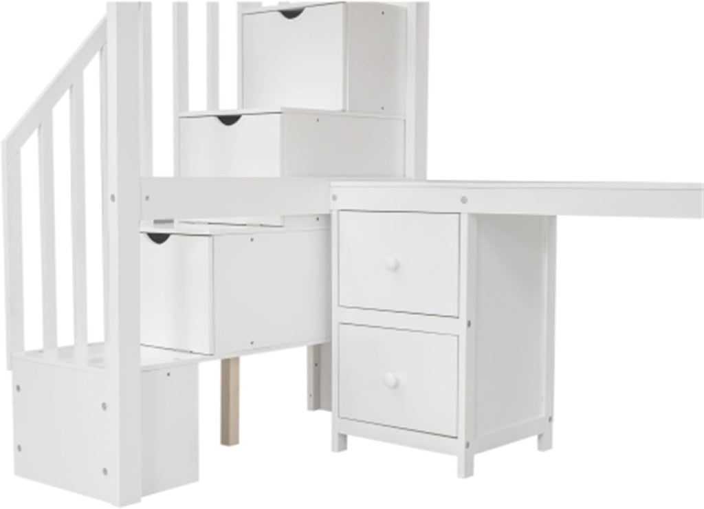 White double loft bunk bed frame with built-in desk and storage drawers A9652