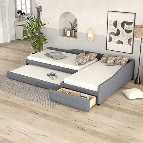 Gray Upholstered Double Twin Size Daybed with Trundle and Drawer A6559