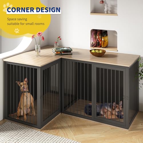 79.1" Large Double Dog Crate with Dividers and Double Doors (Black Gray) M604