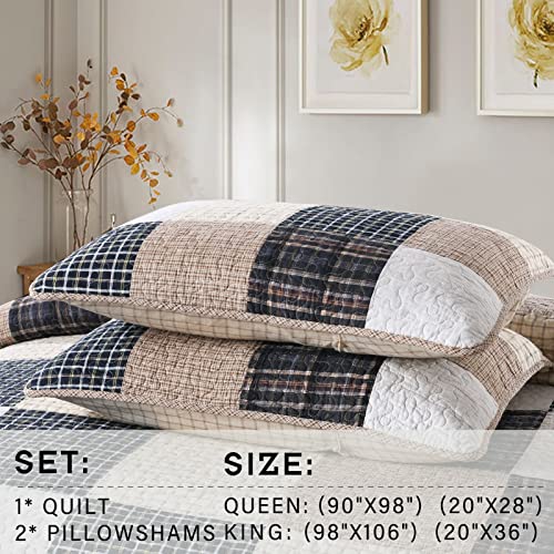 100% Cotton Grey Patchwork Plaid Queen Size 3 Pieces Quilt Bedding Set J3203