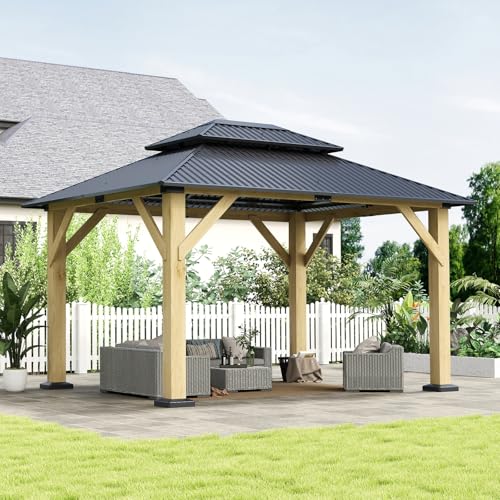 12'x12' Hardtop Double Roof Galvanized Steel Gazebo with Curtains & Netting R810800