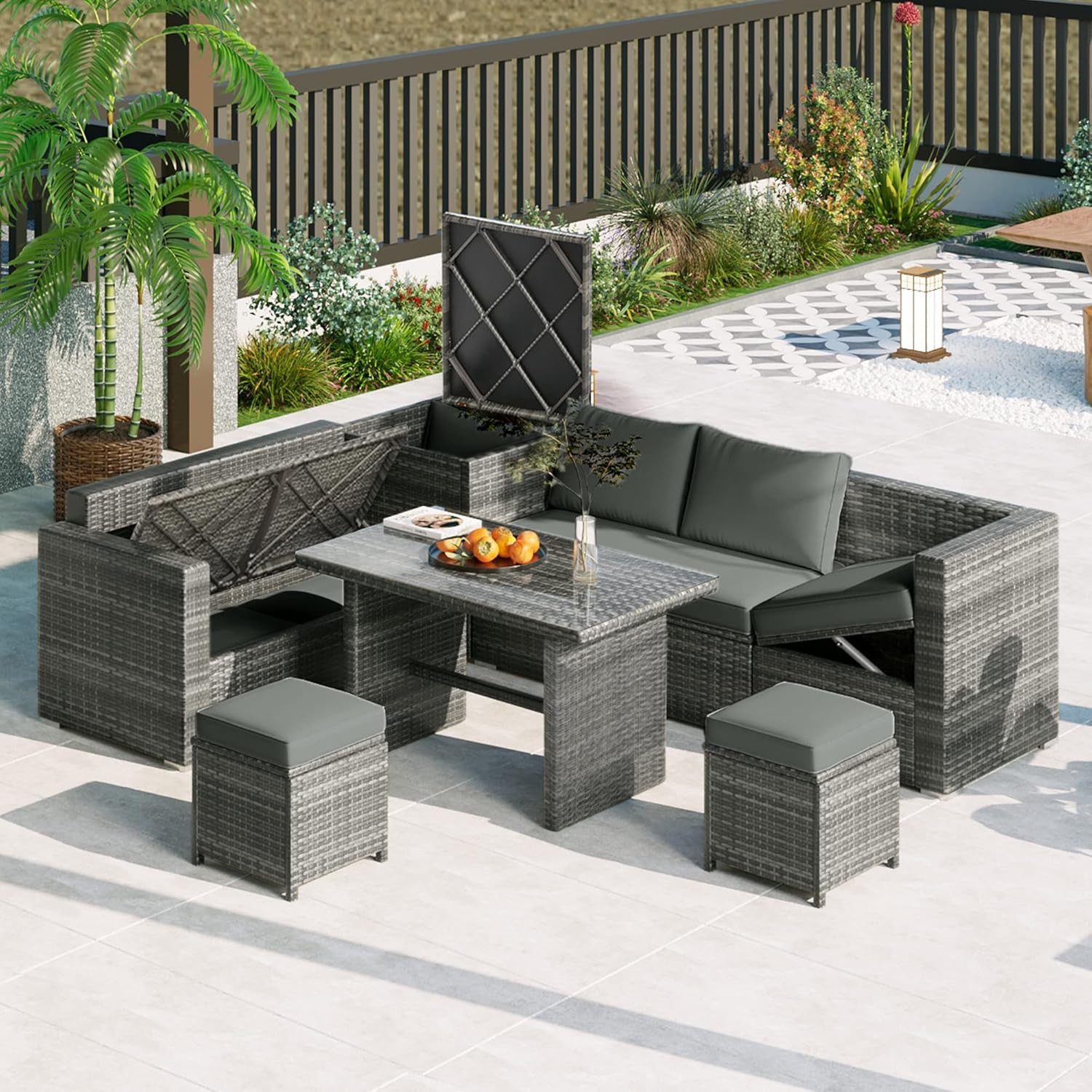 Grey 6-Piece PE Rattan Sofa Set with Tempered Glass Top Table S942