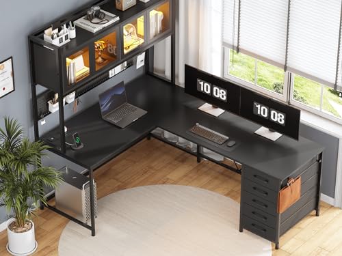 Rustic Brown L Shaped Gaming Desk with Drawers, Hutch, Storage Shelves, Pegboard, Led Lights, and Power Outlet Y873