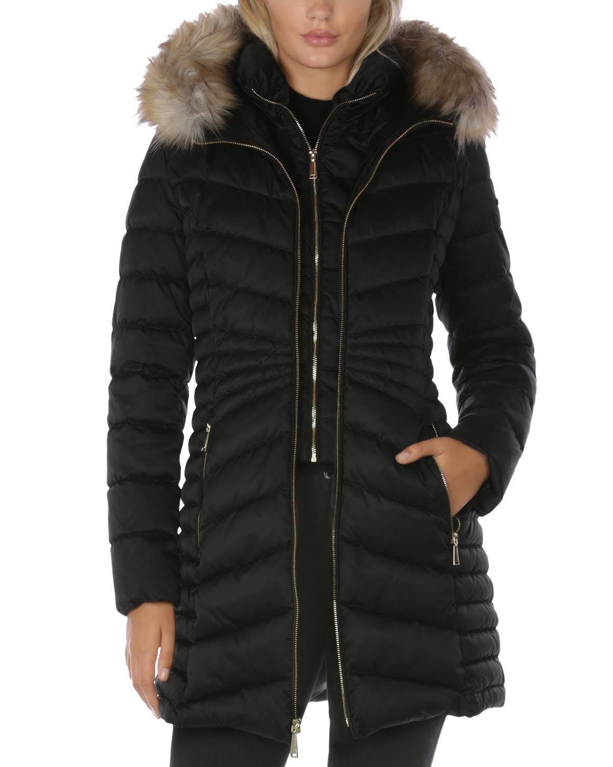 Black Faux-Fur-Trim Hooded Puffer Coat V73261
