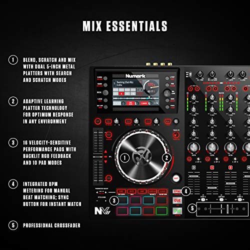 Four Deck DJ Controller with Dual High Resolution Displays, 16 Performance Pads and 5-Inch Metal Platters T2890