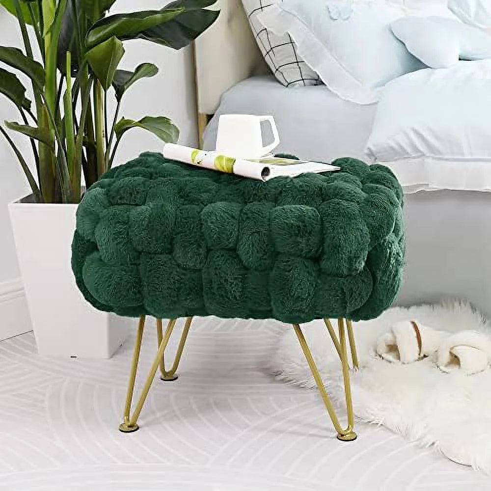 Pink Soft Faux Ottoman Fuzzy Bench Seat 27"x20"x19" Sturdy Accent Coffee Table Fluffy Shoe Stool with Golden Legs H35530