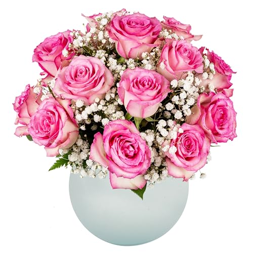 Pink Roses and Baby's Breath Fresh Flowers Bouquet with Vase H829